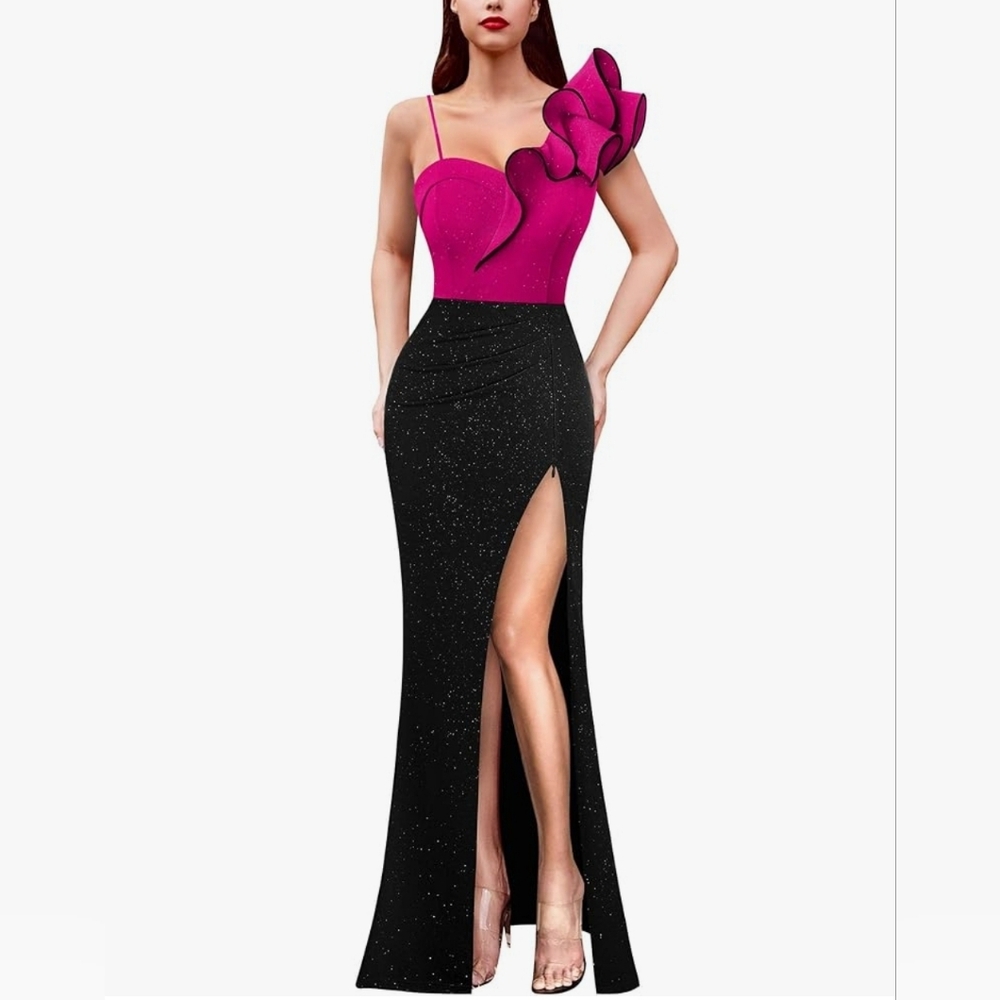 Womens Ruffle One Shoulder Strap Ruched Formal Prom Wedding Maxi Dress